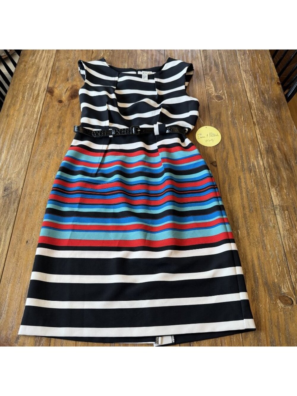 Emma & Michele Striped Sheath Dress Womens 10 Belted Midi Colorblock Black Multi